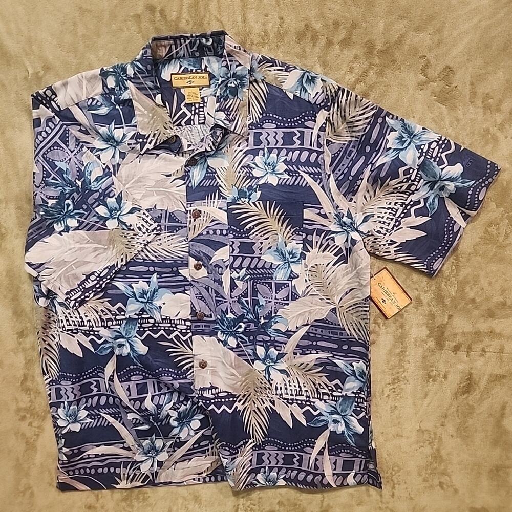 Caribbean Joe Mens 100% Silk Blue Tropical Short Sleeve Button-up Shirt L Hawaii - Picture 2 of 10